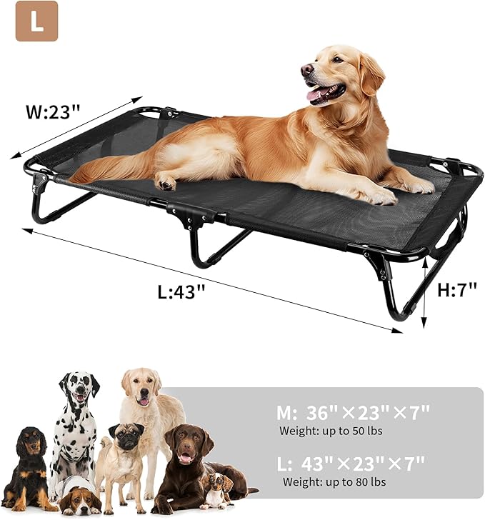Elevated Dog Bed, Foldable Pet Bed with No Assembly, Cooling Raised Bed with Breathable Mesh, No-Slip Feet Durable Dog Cots Beds for Indoor &amp; Outdoor Use, Black (L:43"x23"x7")