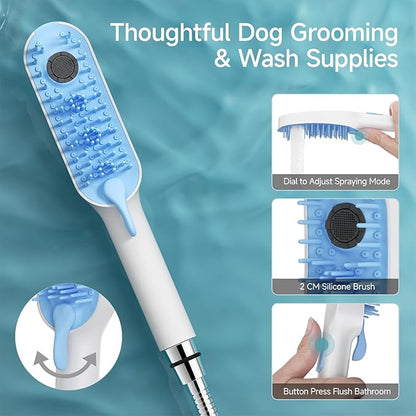 SR SUN RISE Dog Shower Attachment with 4 Adjustable Spray Modes, Pet Shower Attachment Hose for Easy Installation, Dog Shower for Bathing and Grooming, Indoor/Outdoor Use, 6.5-Foot Hose, Blue/White
