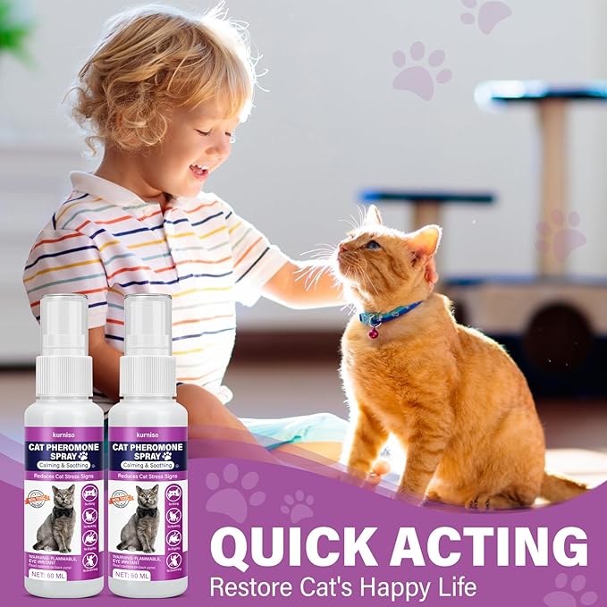 Cat Calming Pheromone Spray, 2 Pack, Calming Spray for Cat Anxiety Relief, Reduce Stress, Hiding &amp; Scratching Furniture - During Travel, Fireworks, Thunder, 60 ML