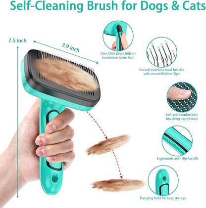 Dog Brush Kit for Grooming Short &amp; Long Haired Dogs &amp; Cats, 5 in 1 Pet Grooming Set for Small Animals, 5 PCS Puppy Self-Cleaning Slicker Brush and Pet Comb for Shedding Medium &amp; Large Dogs