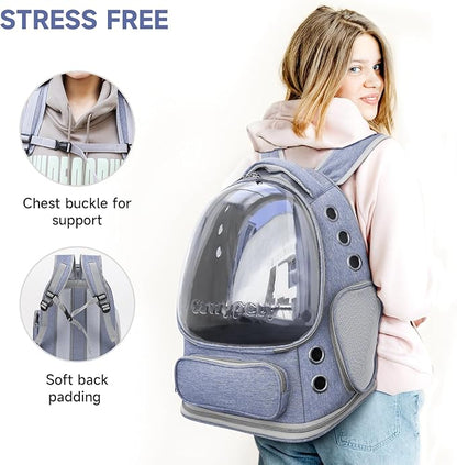 Cat Backpack Carrier, Breathable Cat Carrier Large Space Bubble Pet Backpack for Kitty Small Dog up to 12lbs, Transparent &amp; Foldable Pet Carrier for Travel Hiking (Blue