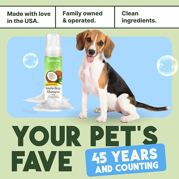 TropiClean Hypoallergenic Waterless Dog Shampoo | Dry Shampoo for Allergies &amp; Sensitive Skin | Safe for Cats | Puppies &amp; Kittens | No Rinse | 7.4oz