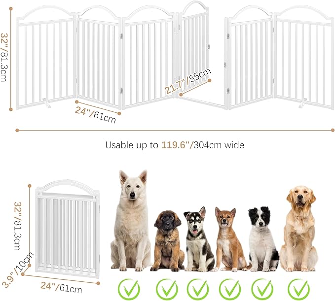 BHG Metal No-Assembly Freestanding Dog Gate with Door Walk Through, Extra Wide 144", Extra Tall 32" Pet Gate, Accordion Puppy Folding Playpen Dog Fence for Indoor &amp; Outdoor, with 2PCS Support - White