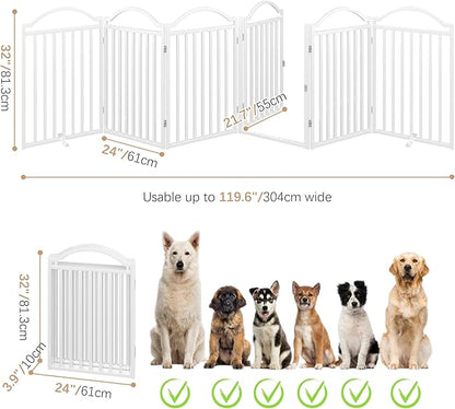 BHG Metal No-Assembly Freestanding Dog Gate with Door Walk Through, Extra Wide 144", Extra Tall 32" Pet Gate, Accordion Puppy Folding Playpen Dog Fence for Indoor &amp; Outdoor, with 2PCS Support - White
