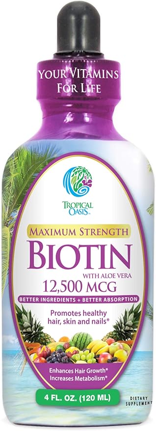 Maximum Strength Liquid Biotin Drops w/ 12,500 MCG – Best Vitamins for Fast Hair Growth, Reduced Hair Loss, Healthy Skin &amp; Strong Nails -5X More Potent Than Pills– Max Absorption, Vegan– 4oz, 30 Serv