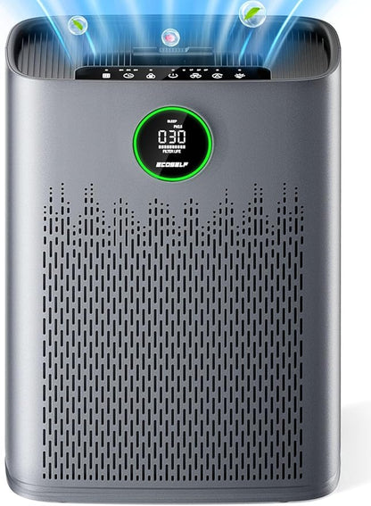 Air Purifiers for Home Large Room, Cover Up to 2400 Ft² with True HEPA Filter, Smart Mode, PM2.5 Air Quality Display, 22dB Sleep Mode, Aromatherapy with 2X-Purification &amp; 360°Air Outlet, HAP603, Grey
