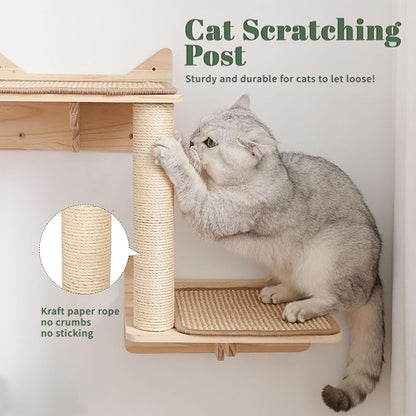 KVIDA Cat Wall Shelves Set – 5PCS Extra-Large Wall Mounted Cat Furniture with 2 Platforms, Sisal Scratching Post &amp; Cat House – Solid Wood Climbing Wall for Large Indoor Cats