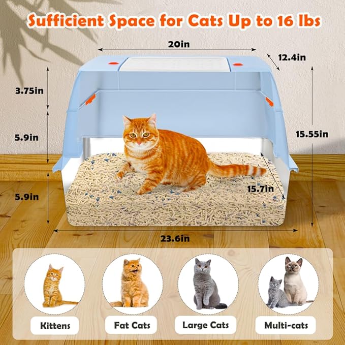 Vivifying Stainless Steel Litter Box with Lid, XL Side Entry Extra Large Litter Box for Big Cats &amp; Kitty, Removable Enclosed Metal Cat Pan with High Sided Enclosure, Scoop, Mat, Footboard (Blue)