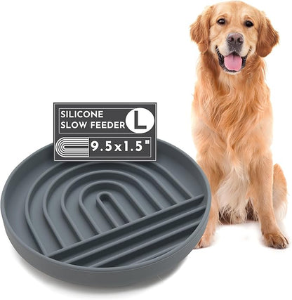 The Slowdown Bowl Silicone Slow Feeder for Dogs &amp; Puppies, Slow Eating Modern Lick Mat Design Reduces Gulping, Fits 2.5 Cups 9.5” Across x 1.5” Tall, Mealtime Challenge, Large-Charcoal