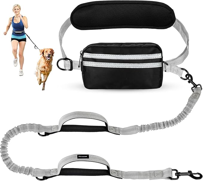 Hands Free Dog Leash, Adjustable Waist Belt with Double Padded Handles, Retractable Bungee for Medium &amp; Large Dogs, Waist Leash for Dog Walking, Running, No Pull, Grey