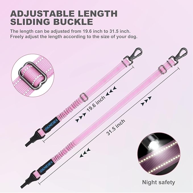IOKHEIRA Dog Seat Belt 3-in-1 Car Harness for Dogs Adjustable Safety Seatbelt for Car Nylon Reflective Bungee Fabric Dog Car Harness with Clip Hook Latch &amp; Buckle, Swivel Zinc Alloy Carabiner (Pink)