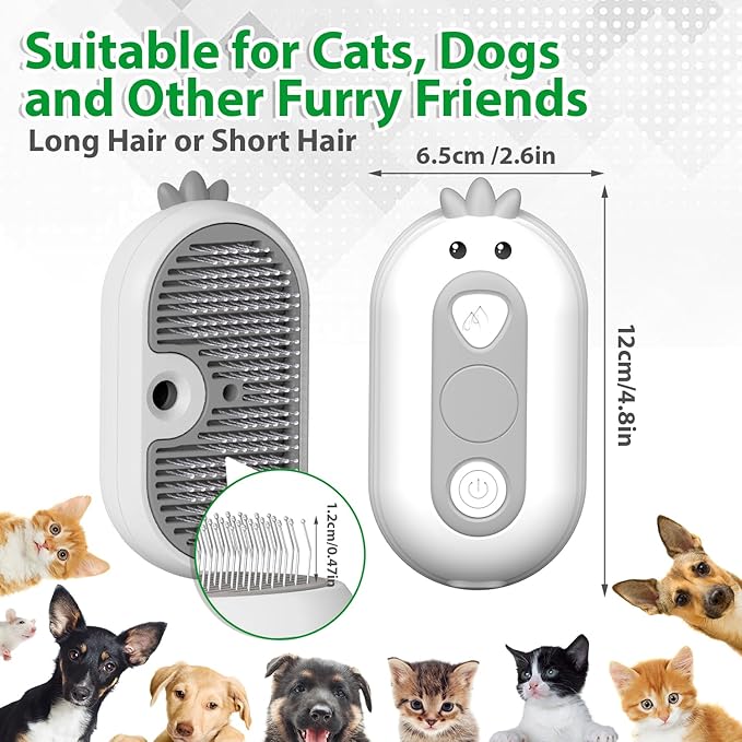 Cat Steam Brush with Release Button, 3 in 1 Rechargeable Pet Spray Water Comb for Long &amp; Short Hair Removal, Self Cleaning Slicker Vapor Brush for Indoor Cats Dogs Rabbits Shedding Grooming