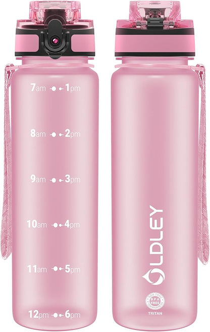 OLDLEY 32 oz Water Bottle, Motivational Water Bottle with Time Marker, Sports Water Bottle With Strap, Leakproof &amp; BPA Free Large Water Bottles for School, Gym, Travel, Outdoor, Tritan,Pink