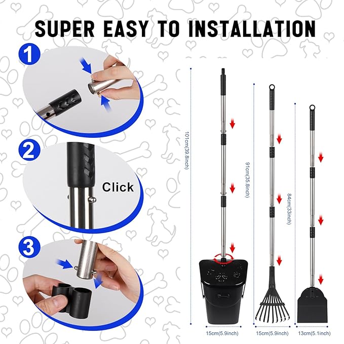 Dog Poop Scooper with 20 Bag Attachment Long Handle Swivel Bin, Rake &amp; Spade Heavy Duty Easy to Clean Pooper Scooper for Large Medium Dogs Pet Waste Removal Solution for Yard, Grass, Gravel
