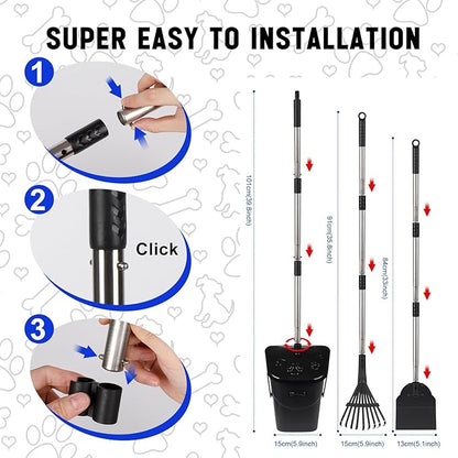 Dog Poop Scooper with 20 Bag Attachment Long Handle Swivel Bin, Rake &amp; Spade Heavy Duty Easy to Clean Pooper Scooper for Large Medium Dogs Pet Waste Removal Solution for Yard, Grass, Gravel