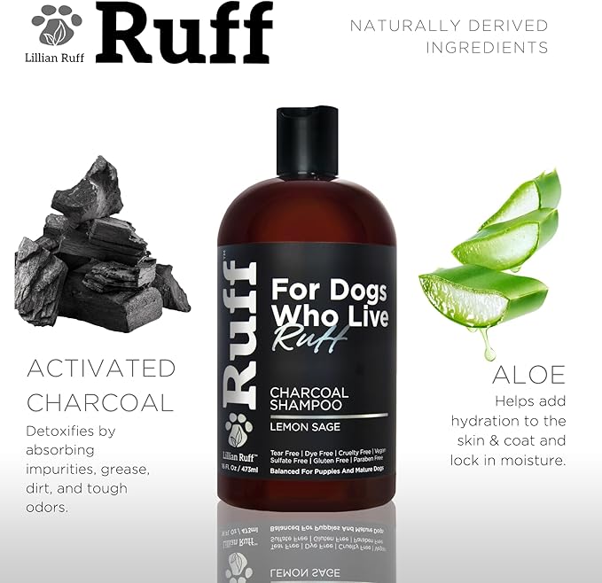 Ruff by Lillian Ruff Activated Charcoal Pet Shampoo – Deep Cleanser, Deodorizer, Stain Remover – Lemon Sage Scent, pH Balanced, Hydrate Dry Itchy Skin – Safe for Puppies &amp; Mature Dogs