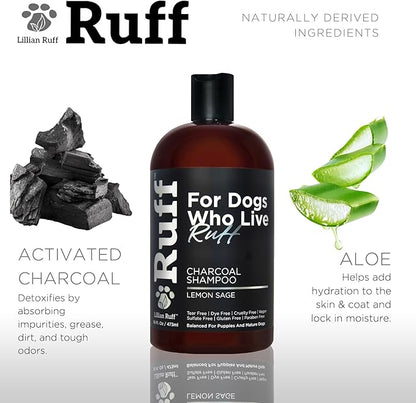 Ruff by Lillian Ruff Activated Charcoal Pet Shampoo – Deep Cleanser, Deodorizer, Stain Remover – Lemon Sage Scent, pH Balanced, Hydrate Dry Itchy Skin – Safe for Puppies &amp; Mature Dogs