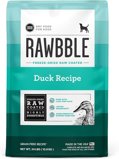 BIXBI Rawbble Dry Dog Food, Duck, 24 lbs - USA Made with Fresh Meat - No Meat Meal &amp; No Corn, Soy or Wheat - Freeze Dried Raw Coated Dog Food - Minimally Processed for Superior Digestibility