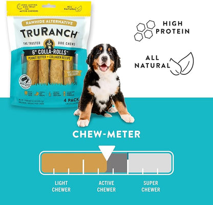 Collagen Rolls - 6" Collagen Rolls for Dogs - Long Lasting Healthy Joint Support - Rawhide Alternative - Skin &amp; Coat Health - Made with Real Peanut Butter, Value Pack, 15 Bags, 60 Count