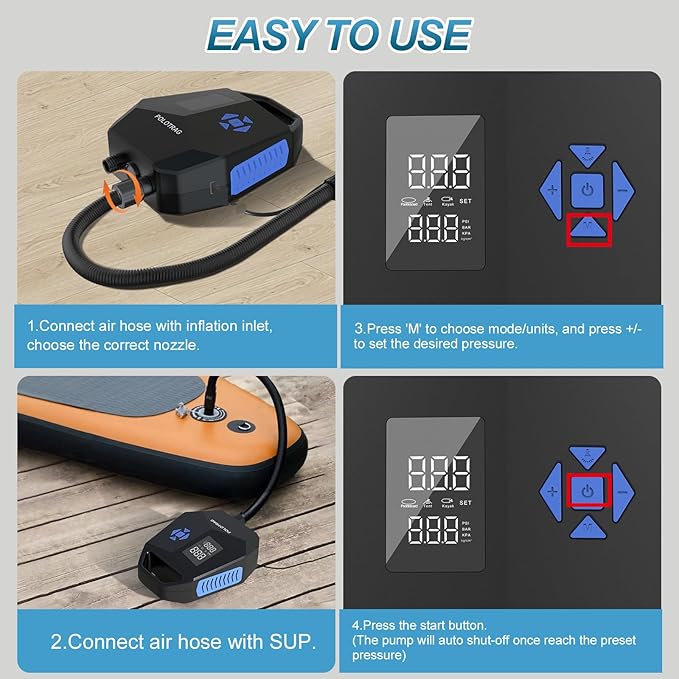 Paddle Board Pump, Rechargeable SUP Pump Electric, 20PSI Portable Paddleboard Pump with Inflation &amp; Deflation, Auto-Off for Inflatables, Kayak, Towable Tube and Air Mattress