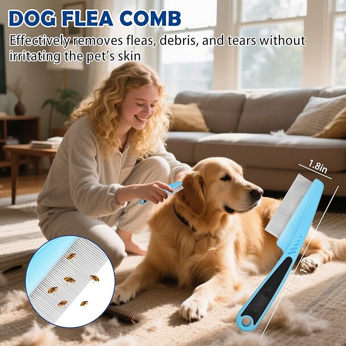 Dog Grooming Brush Set – 5-Piece Kit for Medium &amp; Long-Haired Dogs | Includes Long Pin Brush, Flea Comb, Bath Glove, Silicone Glove, Metal Comb | For Poodles, Huskies &amp; More (Blue)