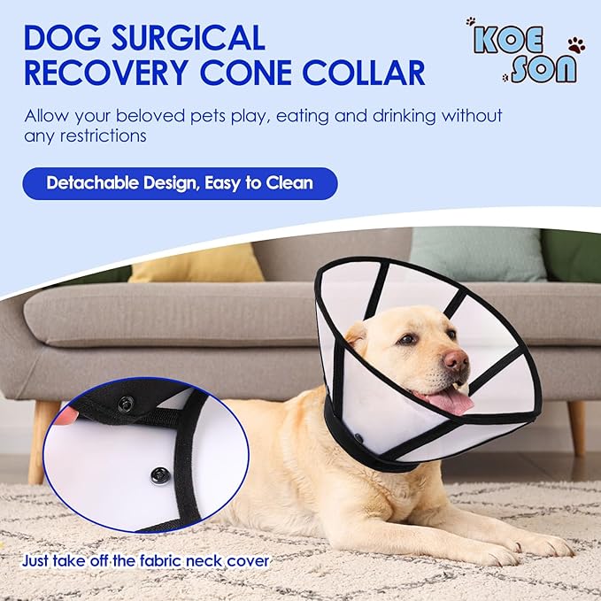 KOESON Dog Cone Collar, Soft Cones for Large Dogs, Professional Large Dog Surgery Recovery Cone with Adjustable Hook &amp; Loop, Comfortable Pet Elizabethan Collars to Stop Licking, Black L