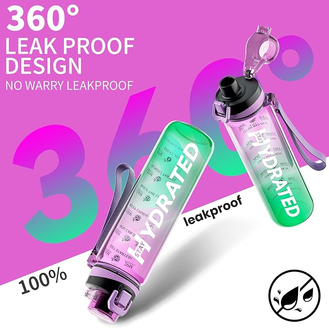 Water Bottle, 32 oz Motivational Water Bottles with Time Marker-Tritan &amp; BPA Free, Sports Water Bottle with Time to Drink &amp; Strap, Wide Mouth, Leakproof -Gift for Christmas Gym Fitness &amp; Outdoor