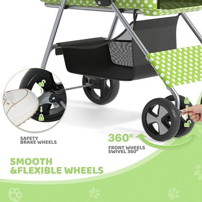 Magshion Foldable Pet Stroller, 3-in-1 Dog Travel Jogger with Detachable Carrier, Cup Holder, Storage Basket, Folding Carrier for Small/Medium Dogs &amp; Cats Up to 33 lbs, Lawn Green Polka Dots