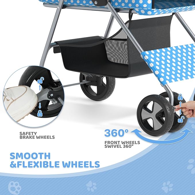 Magshion Foldable Pet Stroller, 3-in-1 Dog Travel Jogger with Detachable Carrier, Cup Holder, Storage Basket, Folding Carrier for Small/Medium Dogs &amp; Cats Up to 33 lbs, Sky Blue Polka Dots