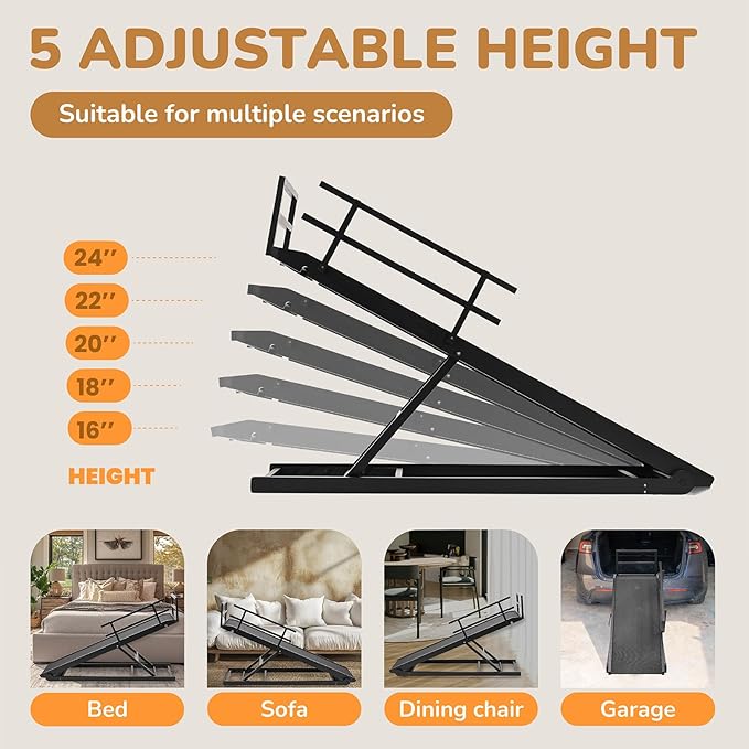 Dog Ramp for Bed, 5 Level Adjustable Dog Ramp for High Beds, Upgrade Rubber Mat High Traction Ramp with Safety Rails, Folding Pet Ramp for Bed, Couch,SUV, Natural Wood Pet Ramp for Small &amp; Old Dogs