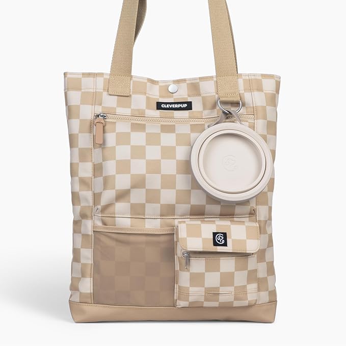 Park Pack 2-Piece Set Dog Gear Tote – Dog Travel Bag with 8 Pockets, Treat Pouch, Poop Bag Dispenser, Quick-Dry Ball Pocket, Collapsible Bowl, Perfect for Walks &amp; Park Trips, Checkerboard
