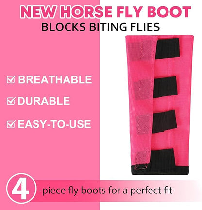 Premium 4-Pack Horse Fly Boots &amp; Leggings Loose-Fit Fine Mesh with Stay-On Fasteners, Support Strips &amp; Anti-Stomp Design Breathable Non-Slip Protection Leg Wrap (Large) Rose Pink