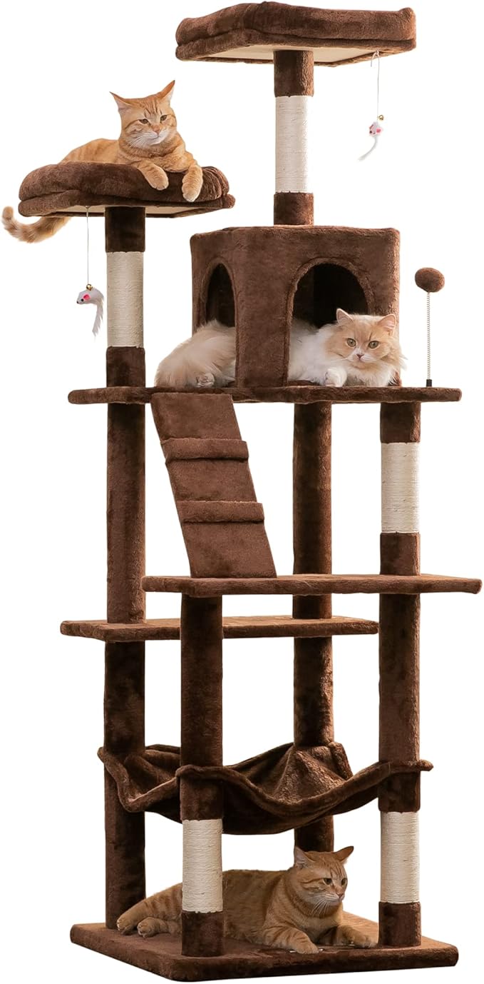 MWPO 70.1-Inch Large Cat Tree, Multi-Level Tall Cat Tower for Indoor Cats, Plush Cat Condo with Big Padded Perches, Sisal-Covered Scratching Posts, Hammock, Toys for Kittens &amp; Cats - Brown