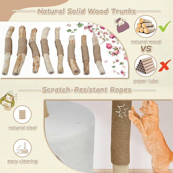 Modern Cat Tree Tower, Solid Wood Multi-Level w/ 2 Flower Perches, Scratching Post, Hanging Ball - Luxury Boho Cat Furniture w/Condo &amp; Wicker Basket for Indoor Cats