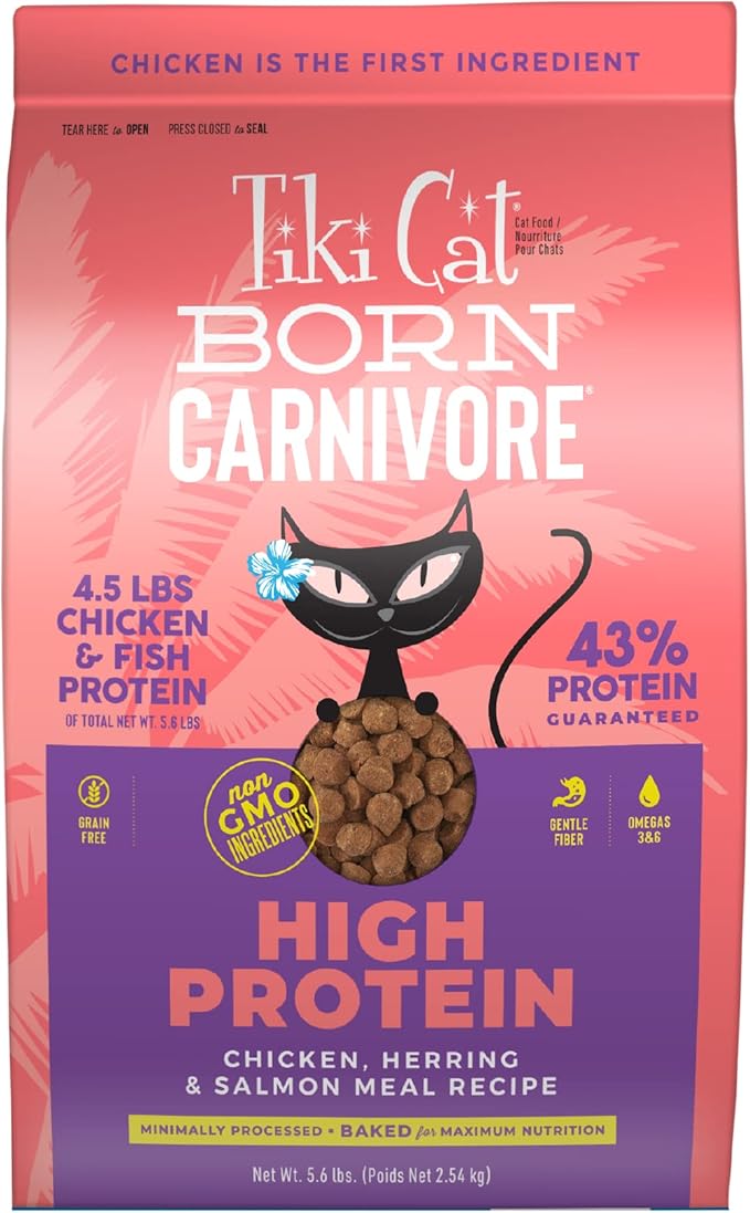 Tiki Cat Born Carnivore High Protein, Chicken, Herring &amp; Salmon Meal, Grain-Free Baked Kibble to Maximize Nutrients, Dry Cat Food, 5.6 lbs. Bag