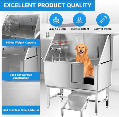 Dog Washing Station 50" Dog Grooming Tub with Right Stair&amp; Faucet, Stainless Steel Dog Bathing Station for Home,Dog Bathtub for Large,Medium,Small Pets
