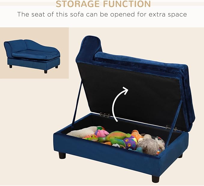 PawHut Luxury Fancy Dog Couch with Hidden Storage, Small Dog Sofa Bed with 2" Soft Foam, Modern Pet Furniture for Puppies &amp; Little Breeds, Blue