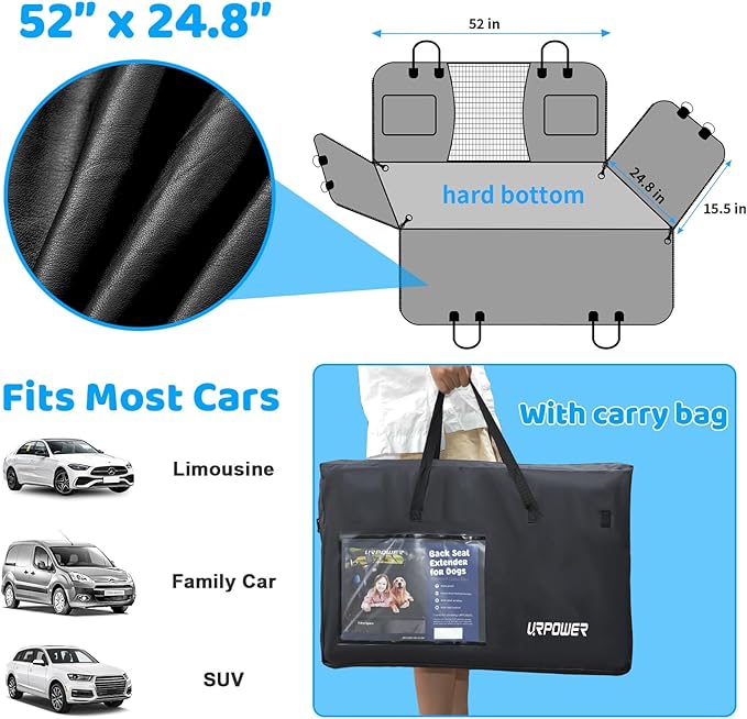 URPOWER PU Leather Back Seat Extender for Dogs – Hard Bottom Dog Car Seat Cover Holds 400 lbs, Anti-Scratch &amp; Waterproof Dog Hammock for Cars, SUVs &amp; Small Trucks, Dogs Car Bed Pet Backseat Protector