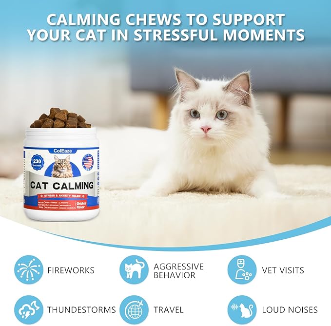 Calming Chews for Cats, Cat Calming Treats - Cat Anxiety Relief, Helps Reduce Stress &amp; Promotes Relaxation for Travel, Boarding, Vet Visits, Separation Anxiety - Chicken (230 Soft Chews)