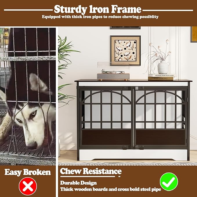 COZPAW 52 Inch Dog Crate Furniture, Extra Large Dog Kennel Indoor for XLarge Breed, Heavy Duty Dog Cage with Double Elegant Arched Doors, Decorate as TV Stand &amp; End Table - White Brown