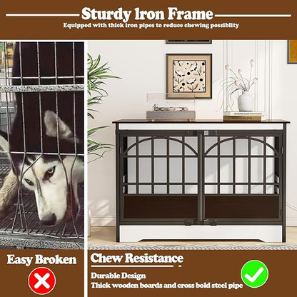 COZPAW 52 Inch Dog Crate Furniture, Extra Large Dog Kennel Indoor for XLarge Breed, Heavy Duty Dog Cage with Double Elegant Arched Doors, Decorate as TV Stand &amp; End Table - White Brown