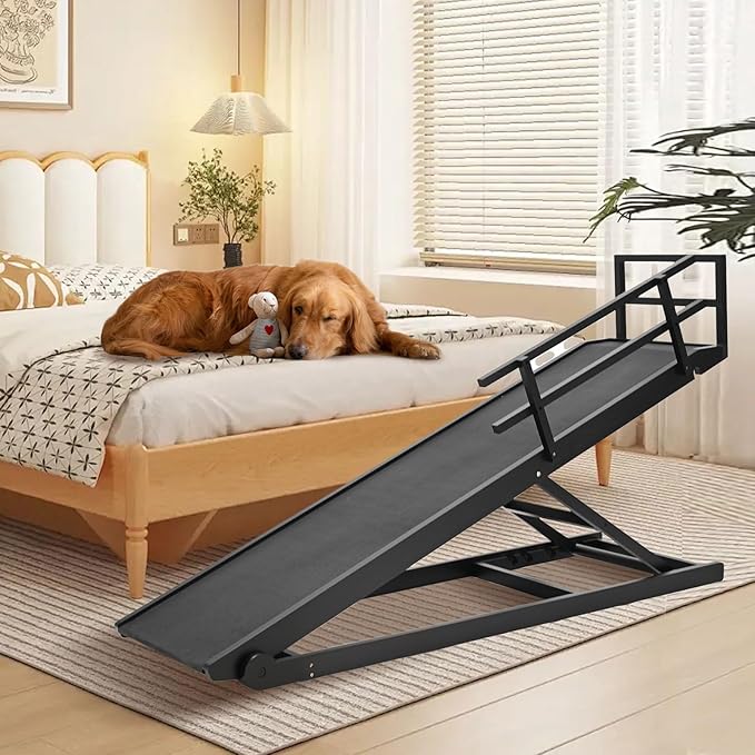 Dog Ramp, 5 Level Adjustable Height Folding Pet Ramp for High Bed, Portable Paw Ramps Large Bed Ramp for Medium &amp; Large Old Dogs &amp; Cats - Natural Wood Furniture Quality