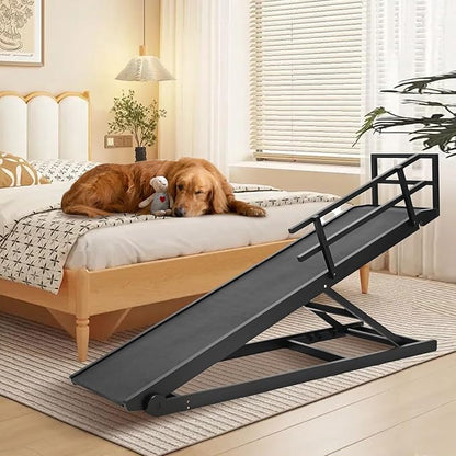 Dog Ramp, 5 Level Adjustable Height Folding Pet Ramp for High Bed, Portable Paw Ramps Large Bed Ramp for Medium &amp; Large Old Dogs &amp; Cats - Natural Wood Furniture Quality
