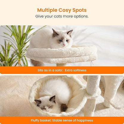 Heybly Cat Tree with Cat Self Groomer Brush, Cat Tower Condo for Indoor Cats with Padded Plush Perch, Cat House with Basket Scratching Board Post, Beige HCT005SM