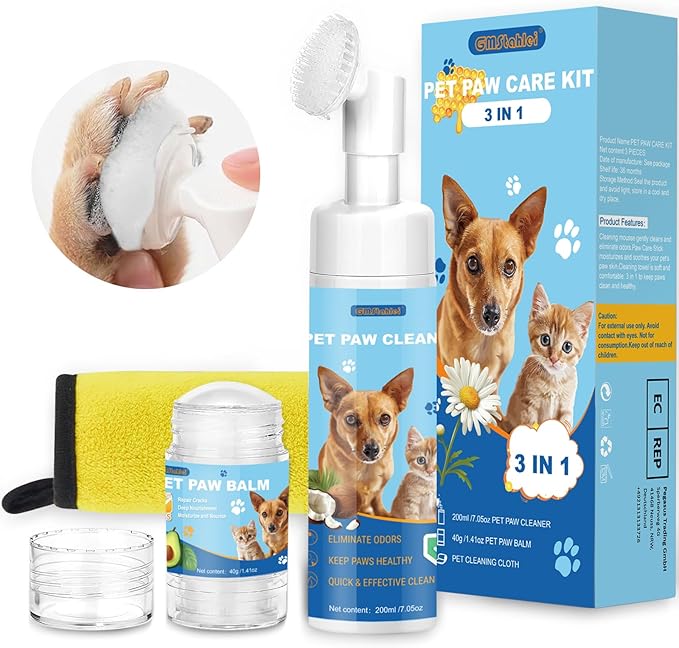 Dog Paw Care Kit,No-Rinse Paw Cleaner for Dogs &amp; Cats,Dog Paw Balm for Heals -Repairs Dry Cracked Paws &amp; Nose with 1 Pet Cleaning Towels,Natural Dog Paw Protector for Pet Foot Washer Care