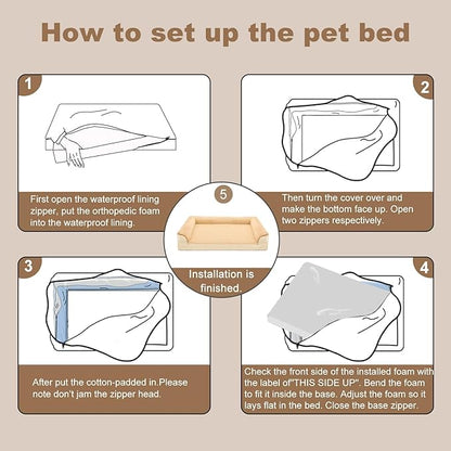 JOYELF Orthopedic Dog Bed for Medium Dogs,U-Shaped Foam Sofa Bed, Bolster Waterproof Pet Bed with Removable Washable Cover and Nonskid Bottom, for Small to Medium Dogs - Khaki