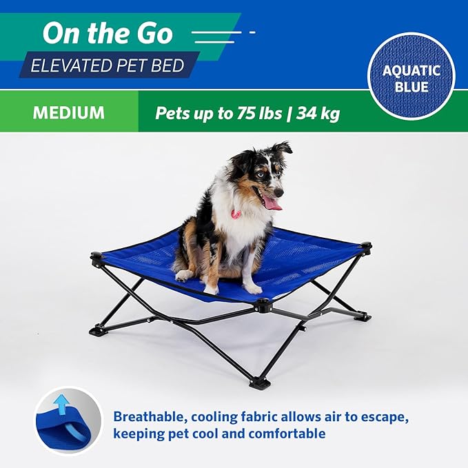 Coolaroo On-The-Go Elevated Dog Bed - Foldable Pop-Up Travel Dog Bed with Breathable, Moisture-Resistant Fabric, Carry Bag Included, Lightweight &amp; Portable, Aquatic Blue, Medium