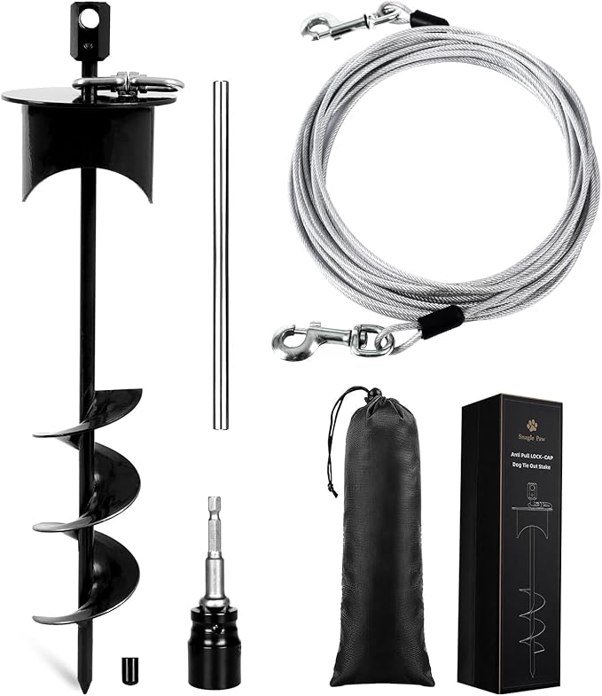 Snagle Paw Dog Tie Out Cable &amp; Stake with Lock Cap - 30ft Heavy Duty Rust Proof Cable, 360° Swivel Dog Yard Leash &amp; Stake Up to 220 lbs - Ground Anchor for Yard, Beach, Camping &amp; Outdoor Use