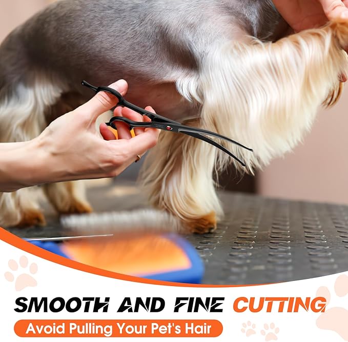 JASON 7.5" Dog Grooming Shear - Professional Up-curved Scissor with Round Tips Japanese Stainless Steel Hair Scissor for Dogs, Cats and Other Pets (Curved with Round Tips, Black)