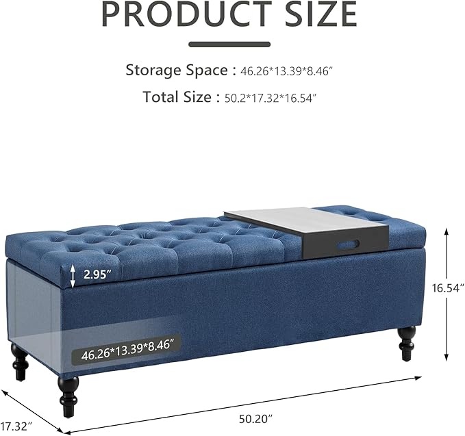 Ottoman with Storage,50.2-inch Upholstered End of Bed Storage Bench for Bedroom,for The Living Room,for Entryway, with Tray &amp; Button and Safety Hinges,Detachable (Blue)